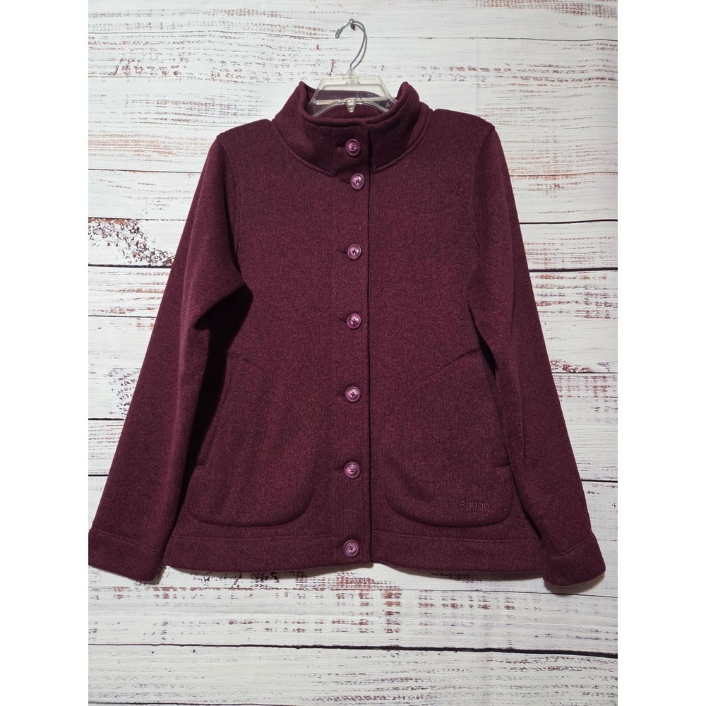 Rohan Womens Fleece Jacket Medium Burgundy Button Front Zip Pockets Knit Look